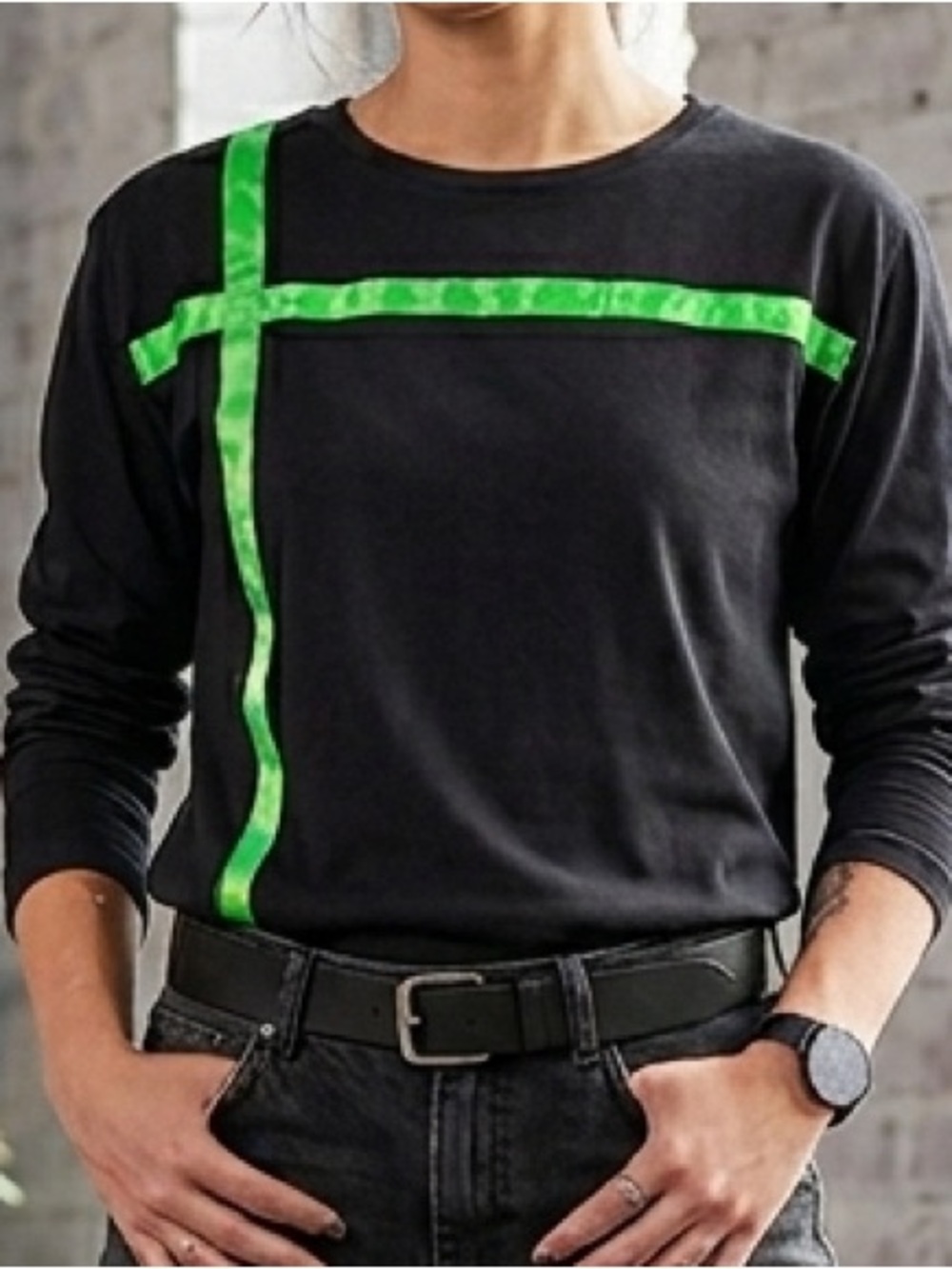 Shane Lee Inc. Black & Neon Green Ribbon Detail Long Sleeve Top 2XL Indi Grudge